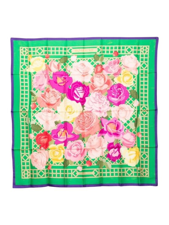 Hermes Accessories - Hermes Carre 90 Roseraie Rose Garden Scarf Green Multicolor Silk